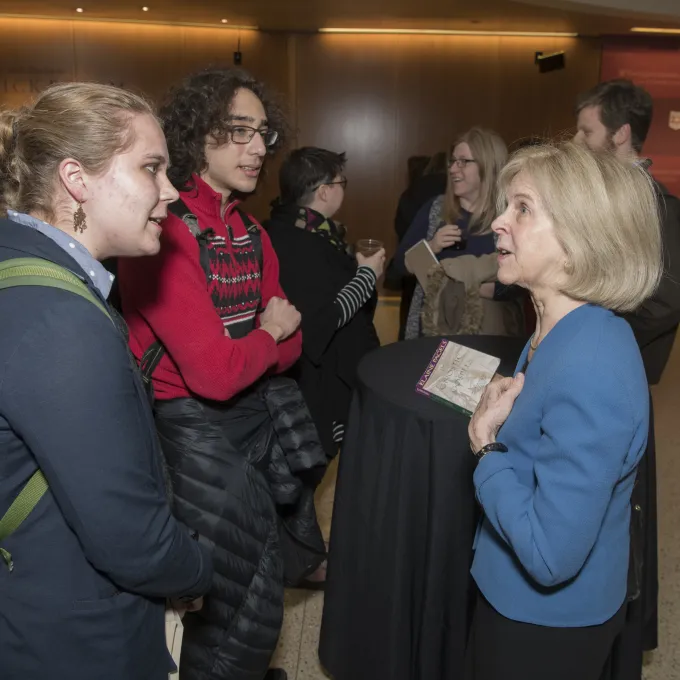 Prof. Elaine Pagels talks with Religious Studies majors at reception
